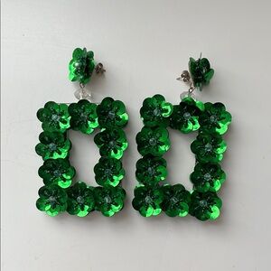 Emerald Green Sequin Floral Statement Earrings